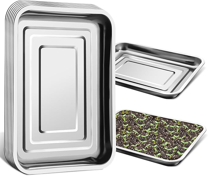 Stainless Metal Trays, Stainless Steel Seed Starter Carry Tray Fit 54 Cell Plug Tray, Nursery Seedling Pots Water Collection Transplantation (11.6 inch×15.2 inch, 1.45" Height, 10-Pack)