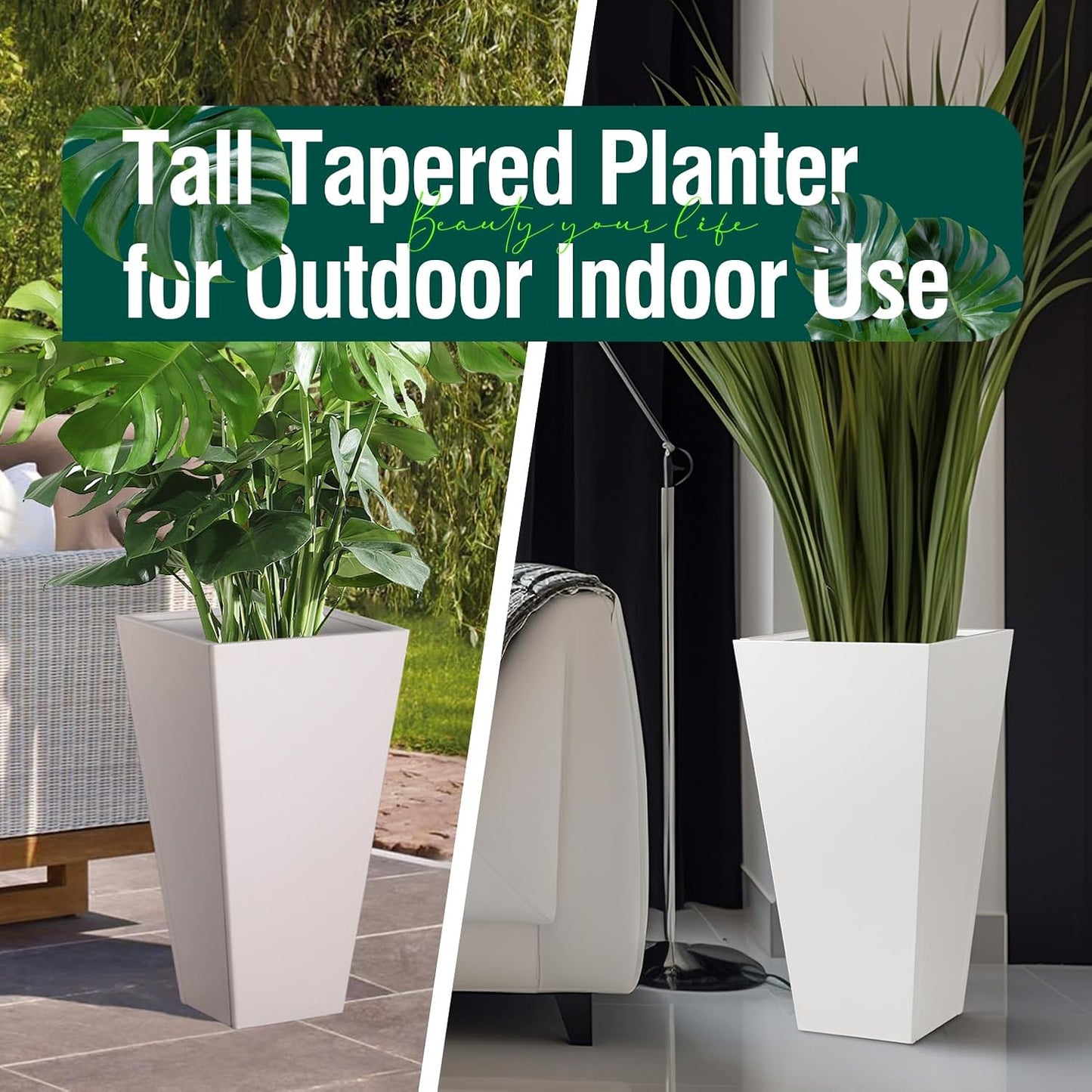 Tall Tapered Planter Taper Metal Modern Flower Plant Pot White Square Galvanized Steel Planter 26 in Indoor Outdoor for Front Porch Garden Patio Grande Plant Tree Commercial Residential Heavy Duty