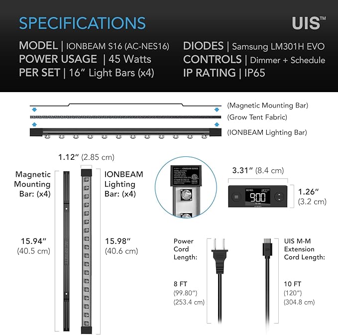 AC Infinity IONBEAM S16, Full Spectrum LED Grow Light Bars 16”, Deeper Penetration Samsung LM301H EVO Diodes and Digital Dimming Timer Controller, for Veg Bloom Indoor Plants, Grow Tents, Greenhouses