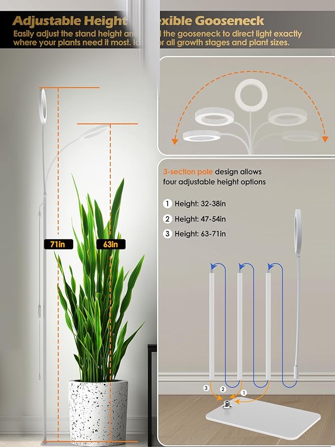 GLOWRIUM Smart Grow Lights for Indoor Plants with Auto Timer, Full Spectrum LED Floor Plant Light for 3 Spectrum Modes,6 Dimmable Levels,63inch Adjustable Height for Large Plants (White, 20W)