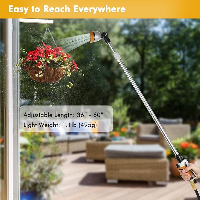 RESTMO Metal Watering Wand, 36”-60” Long Telescopic Tube | 180° Adjustable Ratcheting Head | 7 Spray Patterns | Flow Control, Perfect Garden Hose Sprayer to Water Hanging Baskets, Shrubs, Yellow