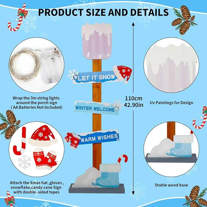 Lighted Let It Snow Winter Welcome Porch Sign, Christmas Wood Snow Shovel Warm Wishes Standing Sign Decorations,Xmas Hat Gloves Candy Cane Sign For Indoor Outdoor Yard Decor