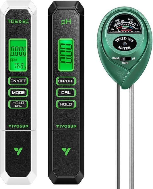 VIVOSUN Digital pH Meter, 3-in-1 TDS/EC/Temperature Meter, 3-in-1 Soil Moisture/pH/Light Tester Combo for Home, Garden and Hydroponics