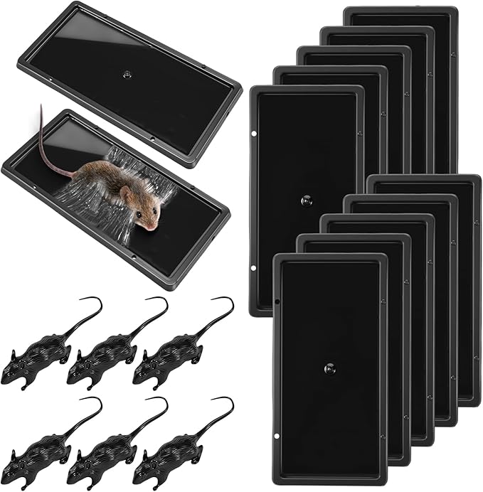 Qualirey 10 Pack 5x10 Sticky Mouse Traps Sticky Trap with 6 Pcs Fake Bait Mice, Enhanced Double Attraction Technology for Home, Office Indoor Outdoor Use