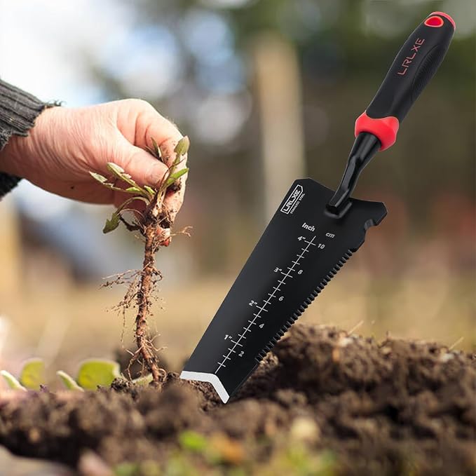 Gardening Shovel Tool, LRLXE Heavy Duty Stainless Steel Garden Transplant Shovel, Root Cutter, All-Purpose Small Hand Shovel with Serrated Edge for Digging and Transplanting(Red)