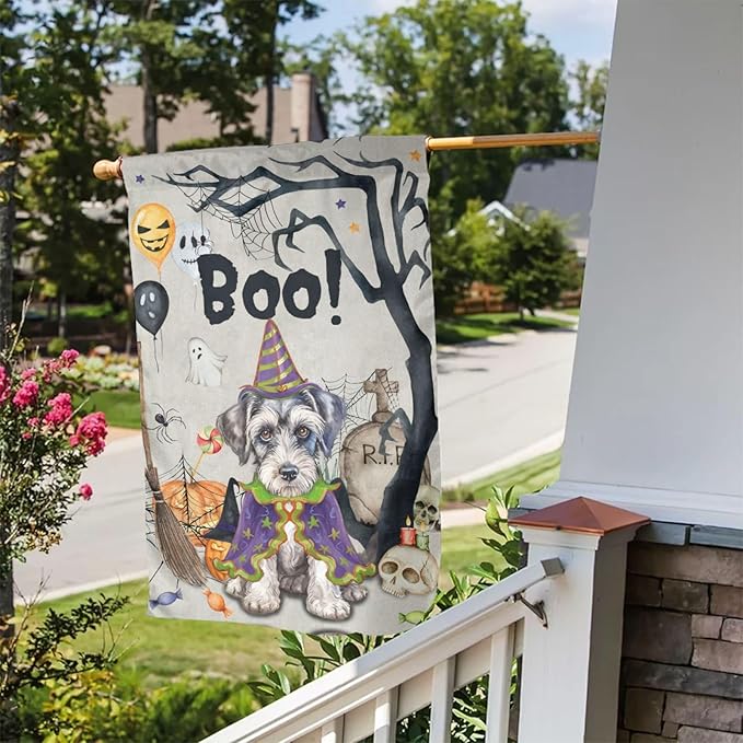 Halloween Schnauzer Dog Boo Pumpkin Skull Garden Flag Welcome Party Outdoor Outside Decorations Picks Home House Garden Yard Decor 12x18 Inch