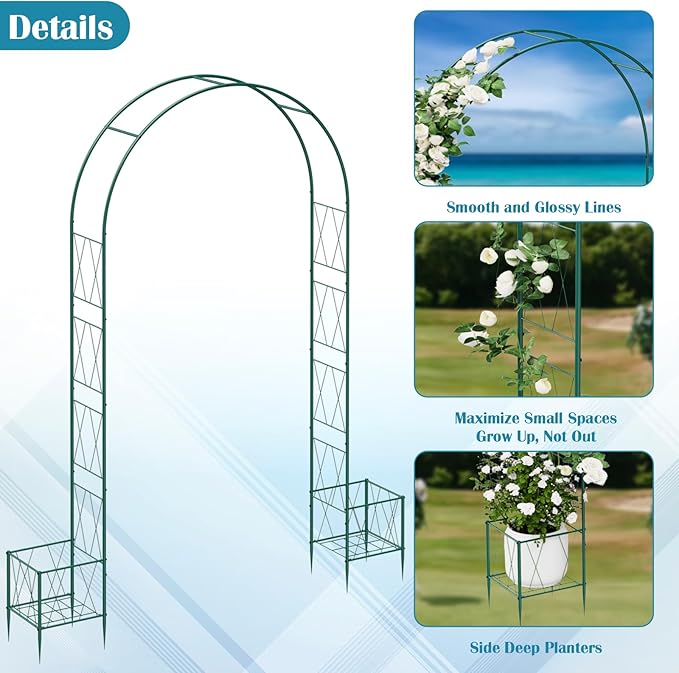 8.2Ft Garden Arch Trellis with Planter Boxes for Climbing Plants Outdoor, Metal Wedding Arch Frame for Ceremony, Pumpkin Archway Garden Arbors and Arches for Christmas Bridal Party Decoration(Green)