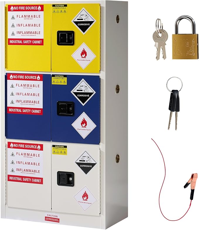 SPECRAFT 32-40 Gal Flammable Safety Cabinet, 65x34x18 Inch, 3-in-1 Storage, Adjustable Shelves, Cold-Rolled Steel, OSHA & CE Certified, for Industrial, Lab, Institutional Use, Yellow/Blue/Gray
