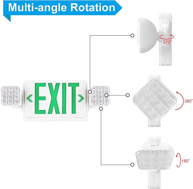 SPECTSUN Led Green Emergency Exit Lights with Battery Backup -Two Adjustable LED Exit Lights Combo, Backup Battery, 120-277V, Wall Or Ceiling Mount, Commercial Grade Double Sided UL