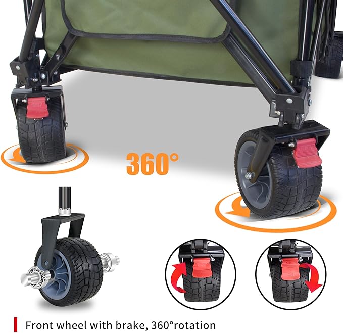 TMZ Collapsible Wagon 445L Extra Large Outdoor Utility Cart, Heavy Duty Carts Foldable with All-Terrain Big Wheels, Canopy and Brakes, Utility Beach Wagon for Outdoor Garden (Green)