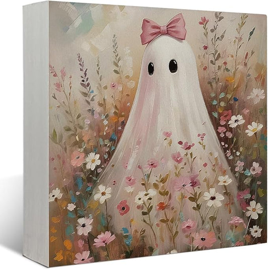 Mtrgdn Cute Halloween Decor,Halloween Decorations Indoor,Ghost with Bow Flower Desk Decor Wooden Box Sign,Halloween Home Office Kitchen Bathroom Bedroom Coffee Bar Table Shelf Wall Decorations,5x5 In