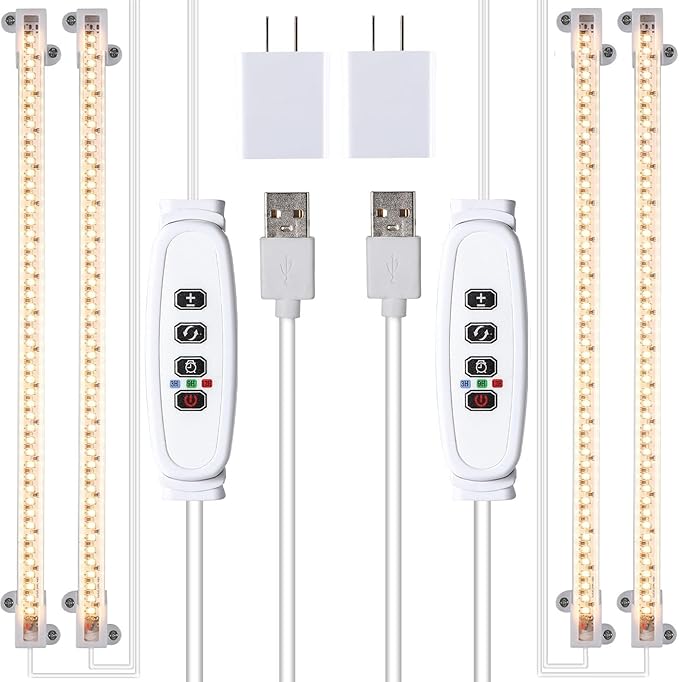 Two Strip Growing Lamp 2-Pack for Indoor Plants, 3500K Full Spectrum LED Grow Light Strips with Auto ON/Off 3/9/12H Timer & 10 Dimmable Levels for Green House Succulent (2 Head×2 Pack)