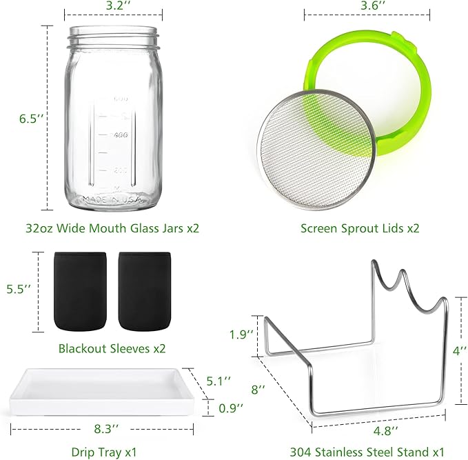 Seed Sprouting Kit, 2 Large Wide Mouth Mason Jars with Sprout Lids, Blackout Sleeves, Drain Tray, Stainless Steel Stand, Sprouts Growing Kit for Bean, Broccoli, Alfalfa (Yellow+Green)