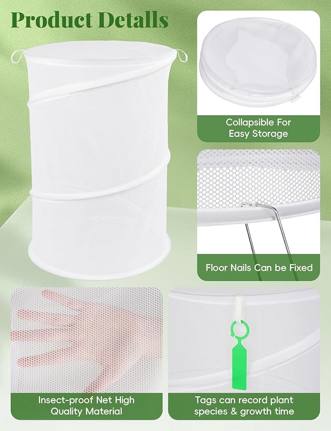 4 Pack Pop Up Plant Covers from Animals, 20" H X 13" D Insect Garden Covers, Round Foldable Mesh Plant Cover, Plant Protectors for Outdoor Plants, with Stakes and Labels (White)