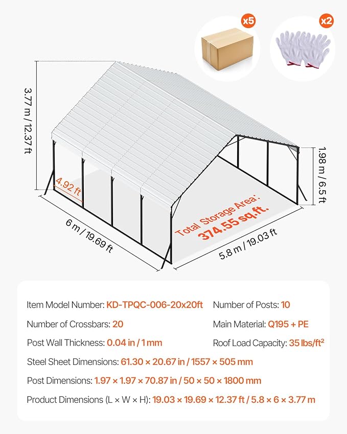 VEVOR Heavy Duty Metal Carport, 20 x 20 ft Outdoor Carport with Sturdy Frame & Roof, Car Garage Shade with Removable Sidewalls, Multi-Use Car Shelter for Pickup, Boat, Trucks & Tractors