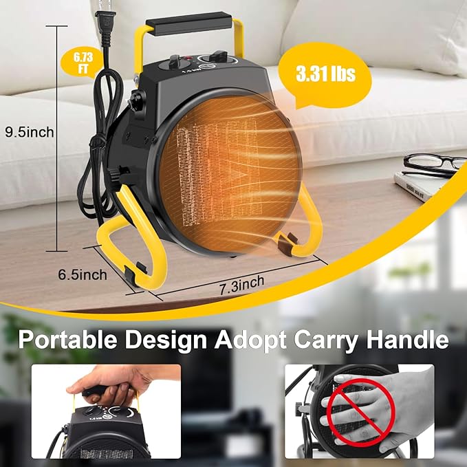 Space Heaters for Outdoor Use, 1500W PTC Electric Greenhouse Heater with Overheat Protection, 90°Adjustable Angle, Fast Safety Heat, Small Portable Heaters for Garage, Patio(Black)