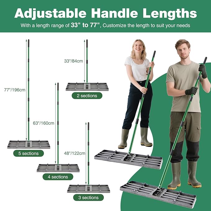 30"x10" Lawn Leveling Rake, Heavy Duty Lawn Leveler with 33"-77" Adjustable Handle, Foldable Ground Leveling Tool for Soil, Sand, Gravel, Ergonomic Design for Lawns, Golf Courses and Backyards