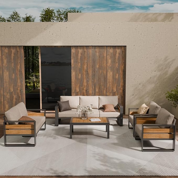 ZANDOR Aluminum Outdoor Patio Furniture Set, 5-Piece Metal Modern Outside Sectional Conversation Lawn Furniture with Coffee Table & Washable Thick Cushions,Seating Sofa for Garden/Backyard/Porch Grey