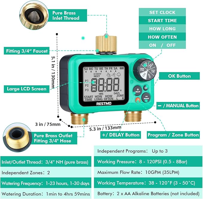 RESTMO Sprinkler Timer with Brass Inlet & Outlet, 3 Separate Programs Water Timer for Garden Hose, Manual/Rain Delay/Automatic Watering for Drip Irrigation and Lawn, 2 Outlet