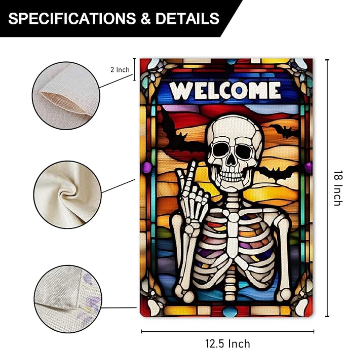 Welcome Skeleton Garden Flag Halloween Stained Glass Style Holiday Garden Flag Vertical Double Sided Rustic Farmland Burlap Yard Lawn Outdoor Decor 12.5x18"