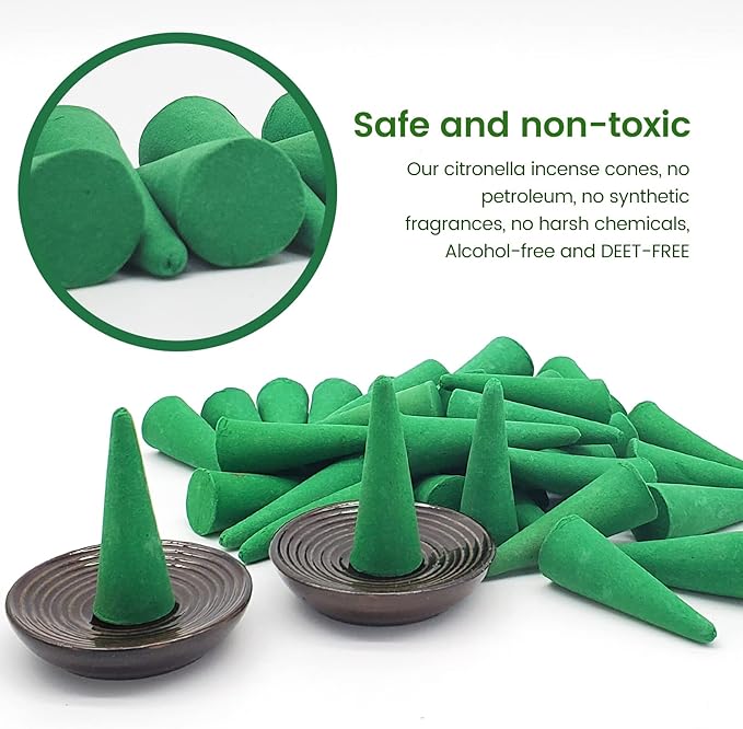 Citronella Incense Cones with 2 Ceramic Dishes | Made with Plant-Based Ingredients | Citronella Oil | Lemongrass Oil | Rosemary Oil | Suitable for Indoor and Outdoor Use (65 Cones)