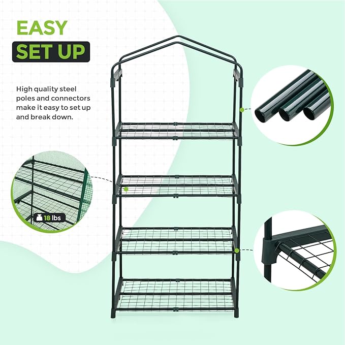 EAGLE PEAK Mini Greenhouse with Wire Shelves, Portable Indoor & Outdoor Green House with Roll-Up Zipper Door, 4 Tier, 27.2"x19.3"x64.2", Clear/Green PE Cover