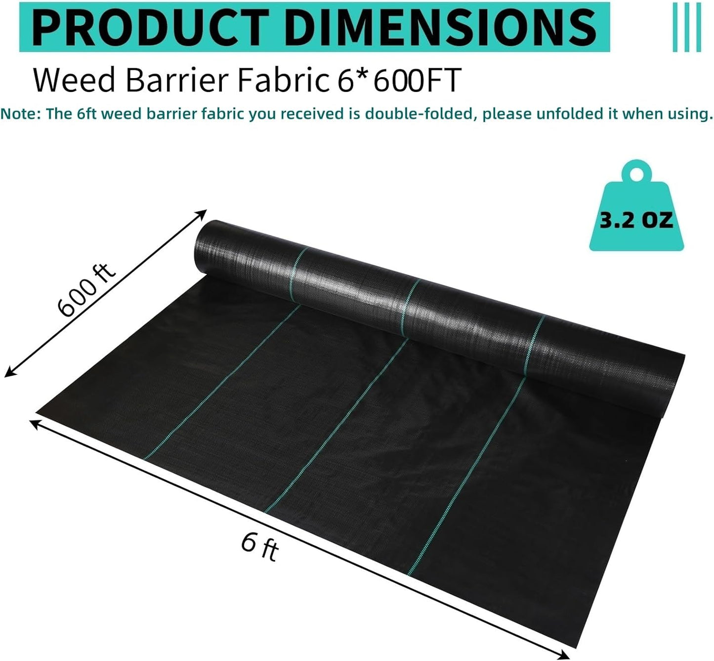 6 x 600 FT Weed Barrier Fabric,3.2 OZ Landscape Fabric,Heavy Duty PP Ground Cover for Gardening,Farming