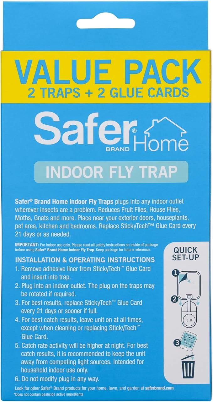 Safer Home Indoor Plug-in Fly Trap - SH502-2SR - Effective Fruit Fly Traps for Indoors, Gnat Traps for House Indoor, 800 Total Sq Ft Protection - 2 Devices + 2 Glue Cards