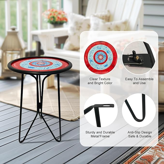 LIFFY Outdoor Side Tables, 12" Coffee Table Small Patio Table, Indoor Small Round Home Decorative End Table, Plant Stands Table Outside, for Yard Balcony Garden Bedside Pool Beach（Metal & Glass,Red）