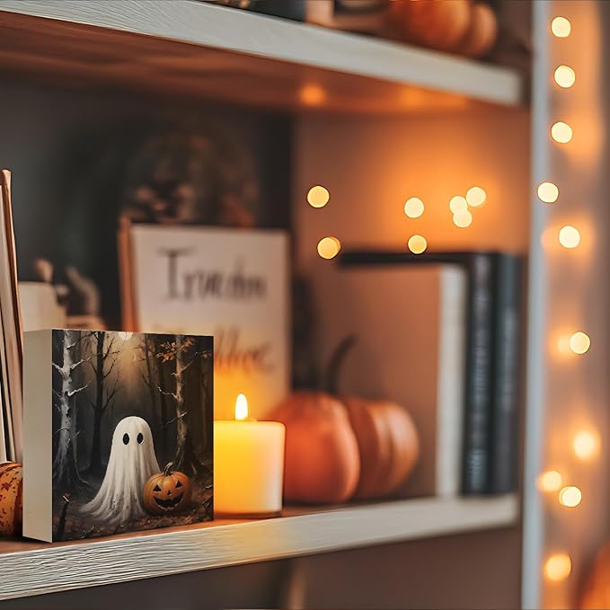 Mtrgdn Halloween Decor,Halloween Decorations Indoor,Spooky Ghost Pumpkin Desk Decor Wooden Box Sign,Halloween Home Office Kitchen Bathroom Bedroom Coffee Table Shelf Wall Decorations,5x5 In