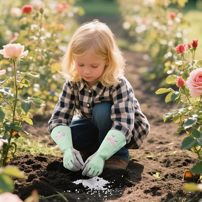 Kids Garden Gloves with Thorn Resistant, Embroidery Children Gardening Gloves with Extra Long Forearm Protection(3-5)