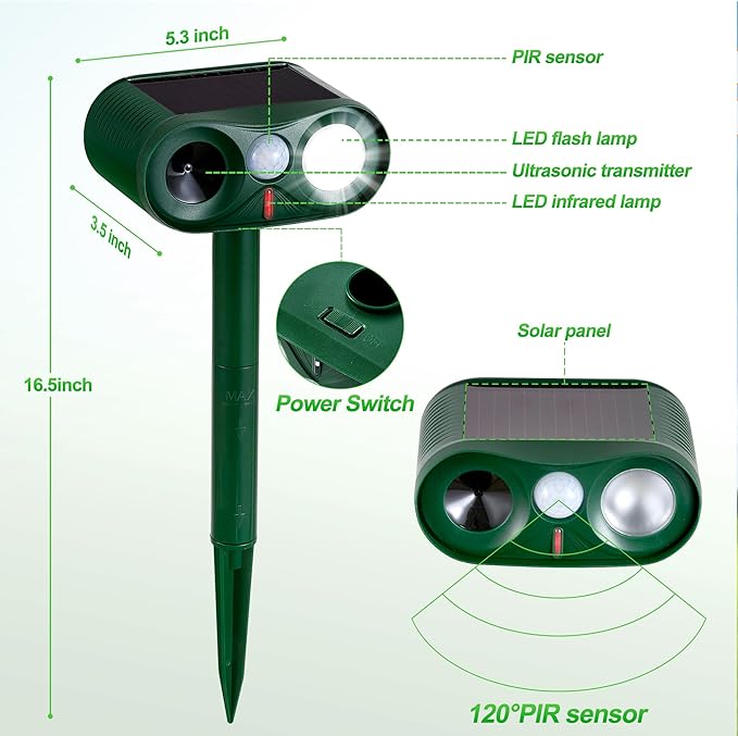 4Pack Solar Ultrasonic Animal Repeller with Strobe Light – for Gardens, Farms and courtyards Outdoor Deterrent for Raccoons, Deer, Squirrels, Cats, Skunks & Foxes