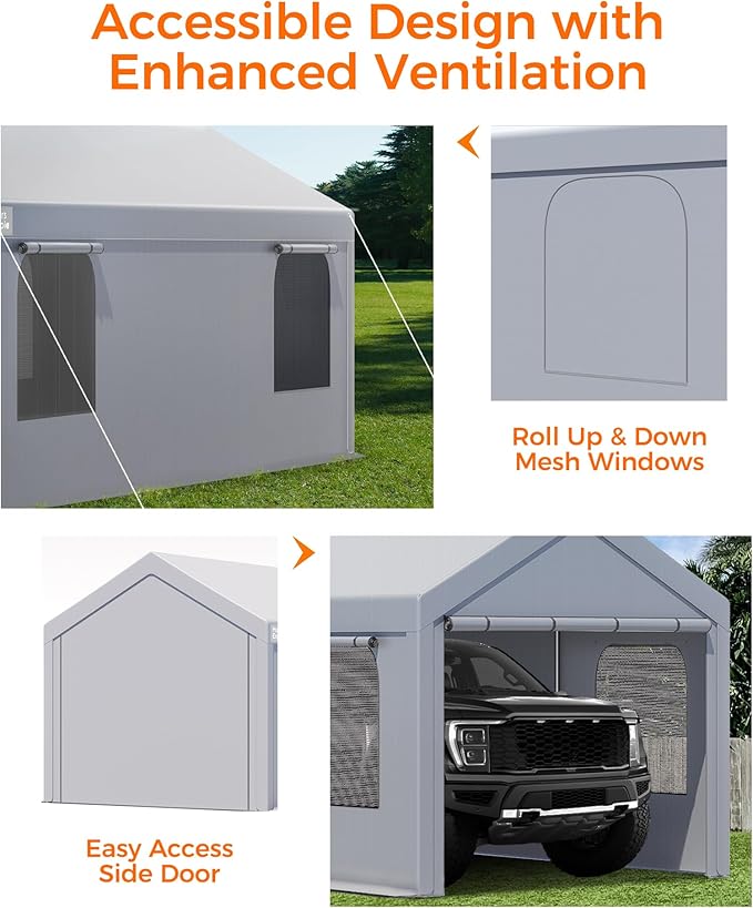 Carport, 10 x 20 FT Portable Garage Heavy Duty, Carport Canopy with Sidewalls Roll-Up Door & Windows, Car Port Canopy Tent Reinforced with Extended Skirt for Truck, Boat, Car Shed (Light Gray)