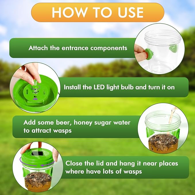 Wasp Traps for Hunting Wasps, Bees, Hornets, Insects, Yellow Jacket Traps, Wasp Trap Catcher, Reusable Solar Powered Hanging for Outdoor, 4 Packs