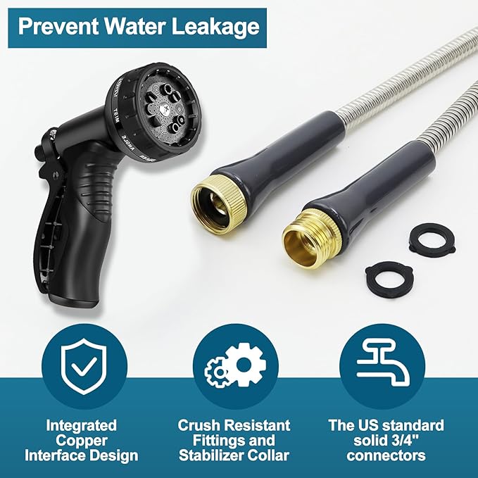 Stainless Steel Garden Hose 50ft Heavy Duty Metal Water Hoses with 10 Function Water Hose Nozzles for Yard Outdoor