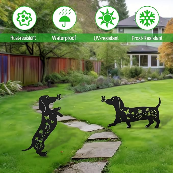 Set of 2 Metal Dog Garden Statues for Outside, Dachshund Metal Garden Decor for Outdoor,Yard,Lawn,Garden Stakes