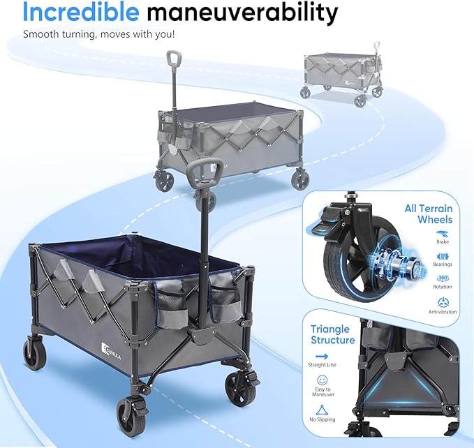 Collapsible Foldable Wagon Cart with 330lbs Weight Capacity, Heavy Duty Folding Wagon Cart with Big All-Terrain Wheels & Drink Holders. Gray