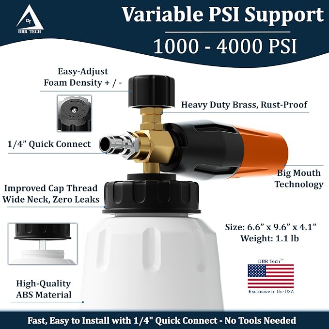 Foam Cannon for Pressure Washer, 1.1mm Orifice, 1000-4000 PSI, 1/4 Inch Quick Connector, Wide Neck and Adjustable Spray, Heavy Duty Car Snow Foam Blaster for Superior Foaming & Deep Clean, Orange