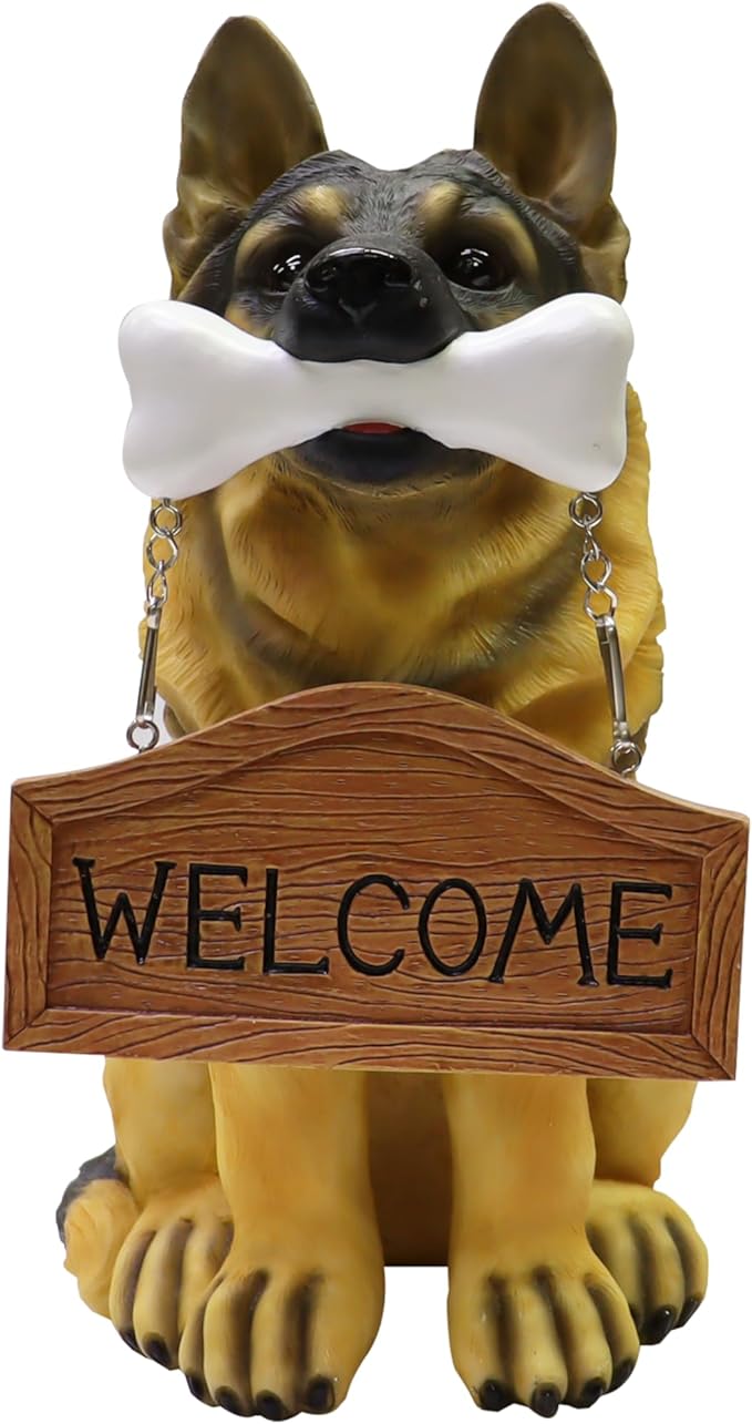 Nature's Mark German Sheperd Dog Puppy Statue with Reversible Welcome Sign and Go Away Sign Resin Garden Decor 12" H