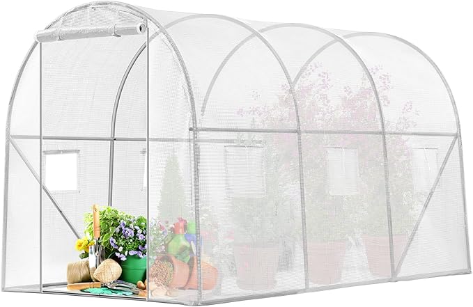 VIVOSUN 10x7x7 Ft. Large Walk in Greenhouse, Greenhouse Tunnel, Garden Plant Hot House with White PE Cover, Roll-up Zipper Door and Window for Outdoor, White