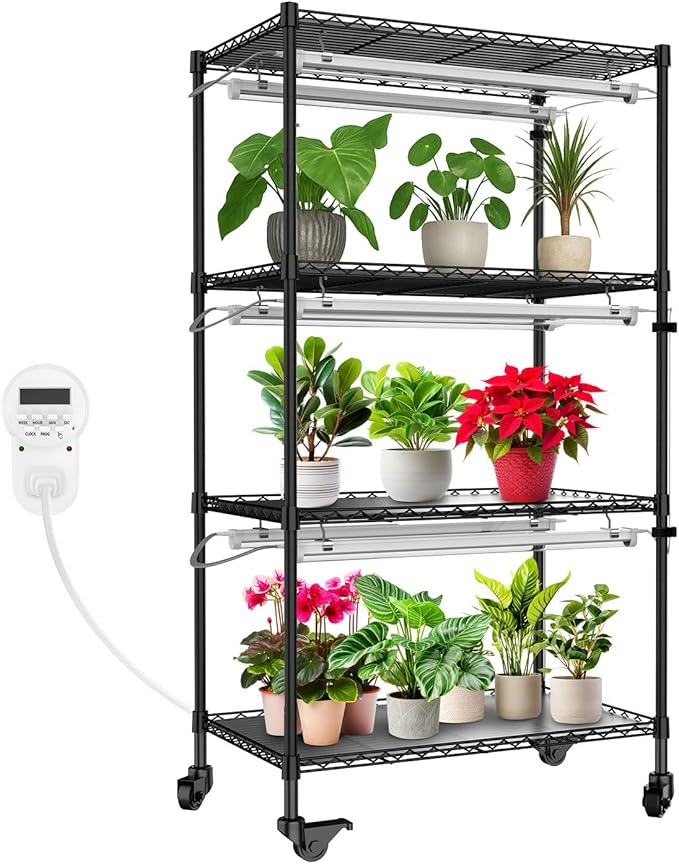 SANSI Plant Stand with Grow Light, 4-Tier 4000K 144W, Full Spectrum Indoor Greenhouse DIY Plant Shelf with T8 Plant Lights Growing Lamp, Flower Pot Stand Display Rack with Wheel Mechanical Timer