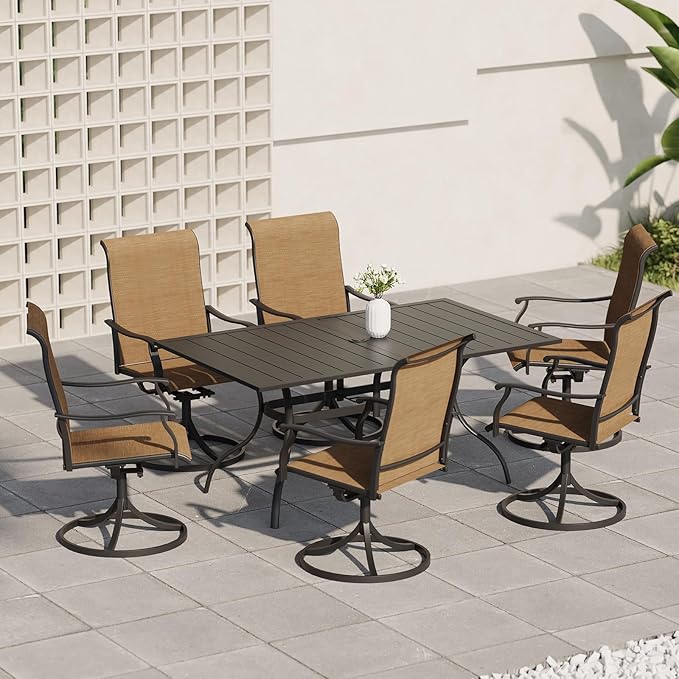 7-Piece Outdoor Dining Set, 6 Swivel Chairs＆63.5‘’ Rectangular Table All Weather Frame Furniture Set - Brown Style1