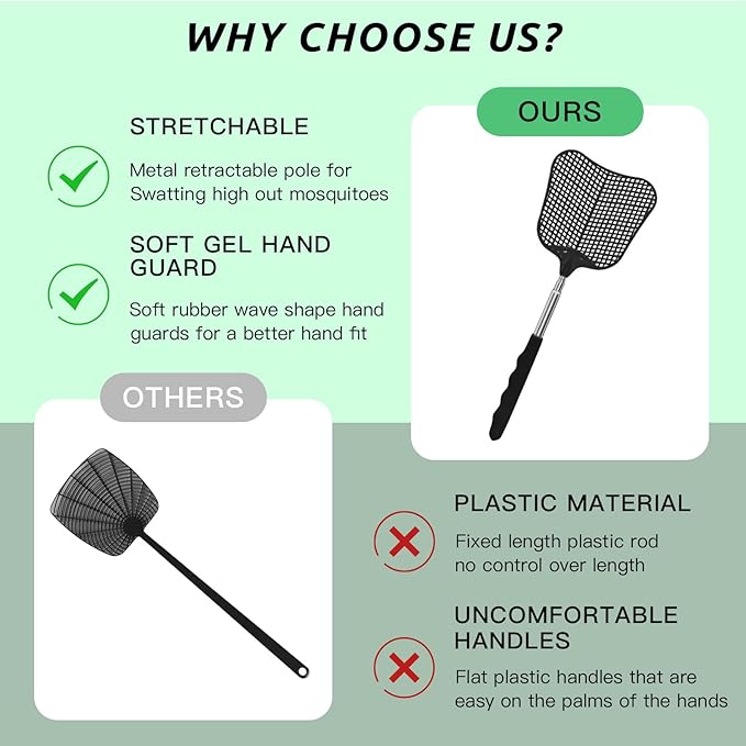 MYSTICHOME Fly Swatter 4 Pack, Durable Heavy Duty Plastic Fly Swatters, Stainless Steel Telescopic FlySwatter for Indoors/Outdoor/Kitchen/Garden (4 PCS Black)