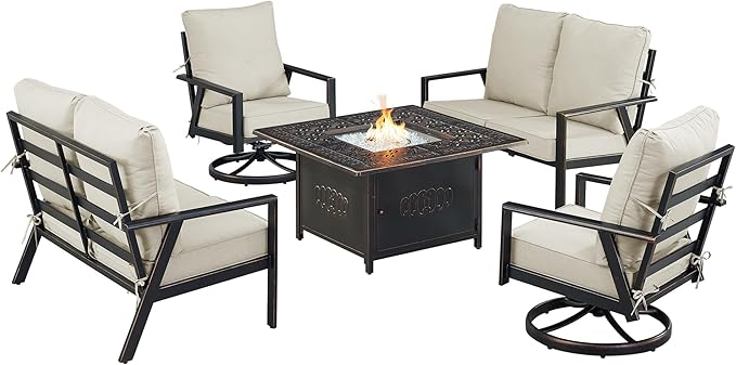 Oakland Living Black Aluminum Patio Fire Table Set with Two Deep Seating Loveseat with Cushions and Two Club Chairs with Light Grey Cushions