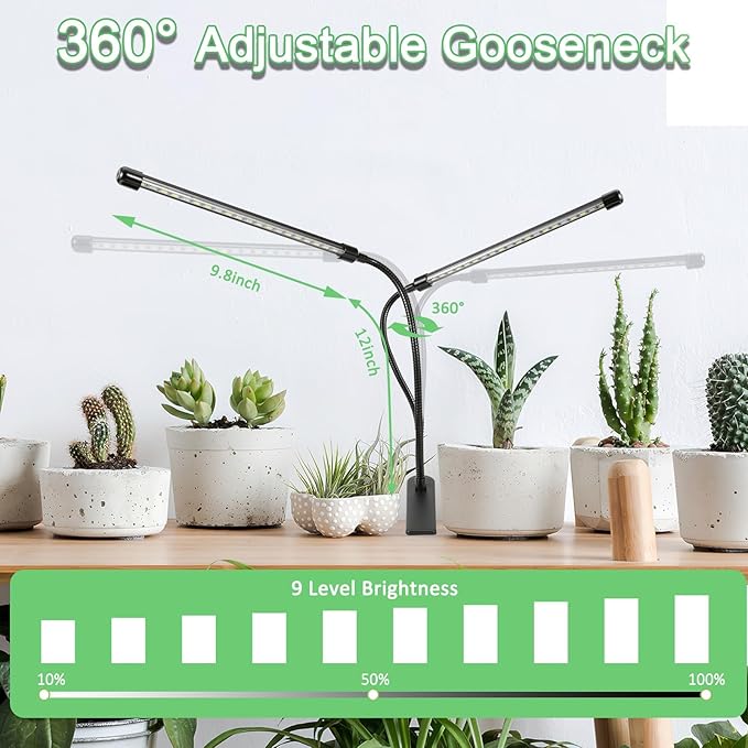 Sunny Power Grow Lights for Indoor Plants Full Spectrum, 6000K LED Plant Lights for Indoor Growing, Clip on Grow Lights for Seed Starting, Adjustable Auto Timer 3 Lighting Modes for Succulents, 2 Head