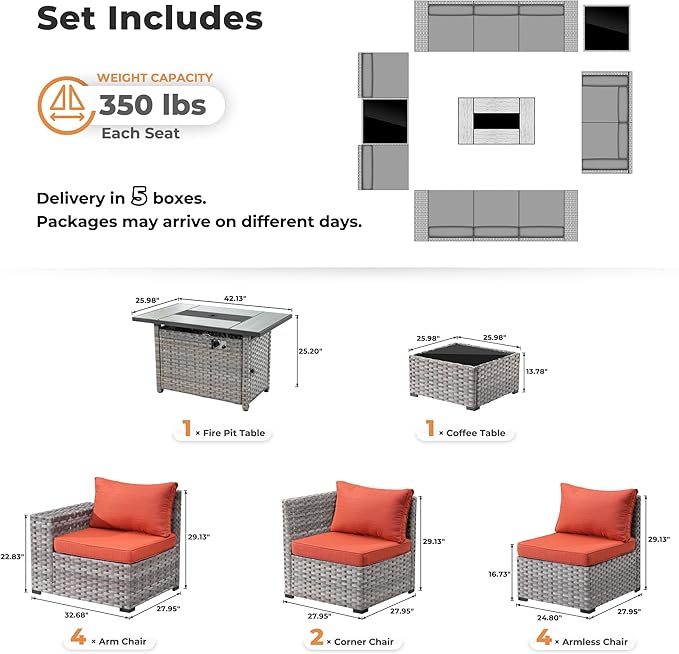 ovios 13 Pieces Patio Furniture Set, Outdoor Wicker Sectional Sofa with 42 Inch Fire Pit Table Comfy Cushions, Modern Modular Deep Seat Rattan Couch Conversation Set, Orange Red
