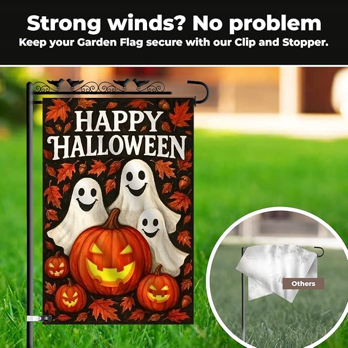 Halloween Garden Flag 12x18 Double Sided Burlap – Fall Outdoor Yard Flag with Pumpkins and Ghosts, Durable Seasonal Decoration