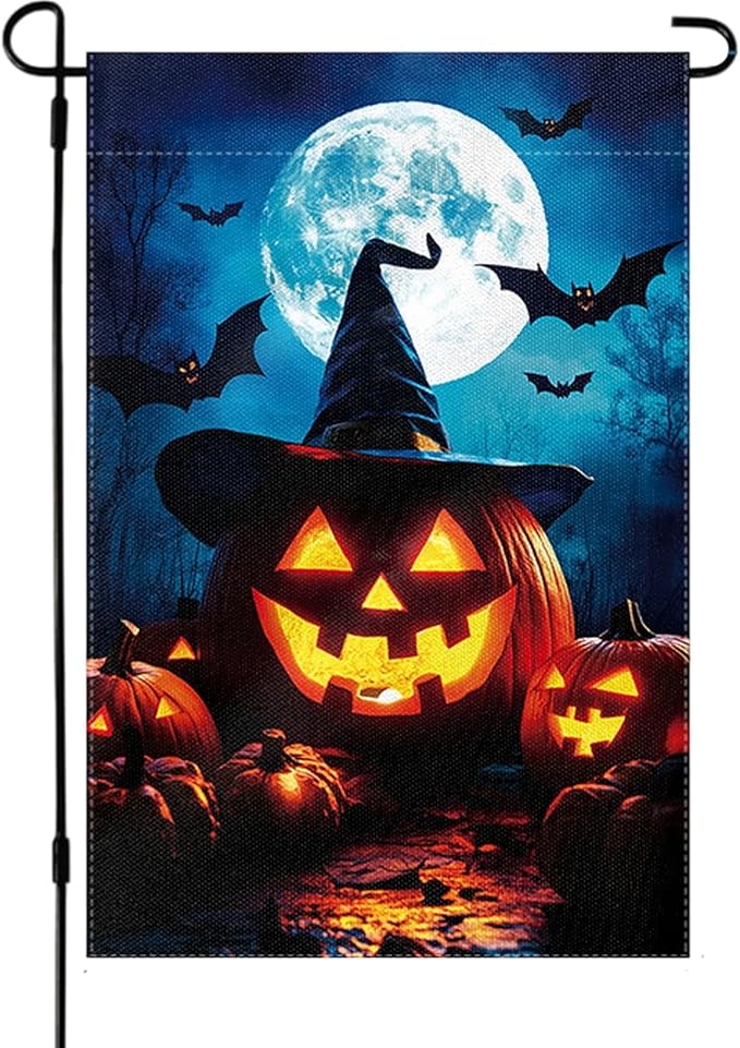 Halloween Garden Flag 12 x 18 Inch Double Sided Pumpkin Bat Moon Designs Welcome Fall Autumn Burlap Yard Flag for Outside Rustic Yard Outdoor Holiday Home Decoration