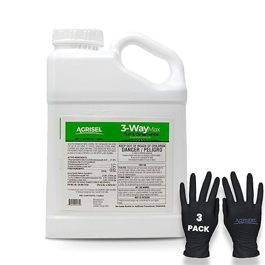3 Way Max Weed Killer, Eliminate 50+ Weeds, Safe on Grass, Weed Spray, Pet Safe, Low Odor, Easy Mixing, Includes 3-Pack of Agrisel Protective Gloves, 128 Ounces