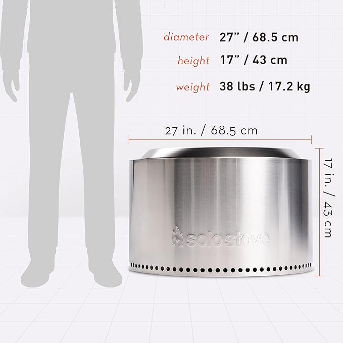 Solo Stove Yukon 2.0, 27 Inch Smokeless Fire Pit with Removable Ash Pan - Wood Burning Portable Stainless Steel Outdoor Fireplace, Stainless Steel, Ideal for 6 or More People, 38 lbs